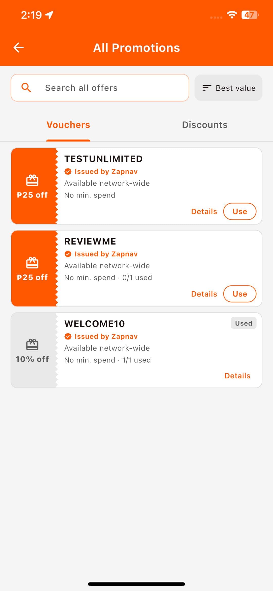 OMI promotions screen listing network-wide vouchers and discounts