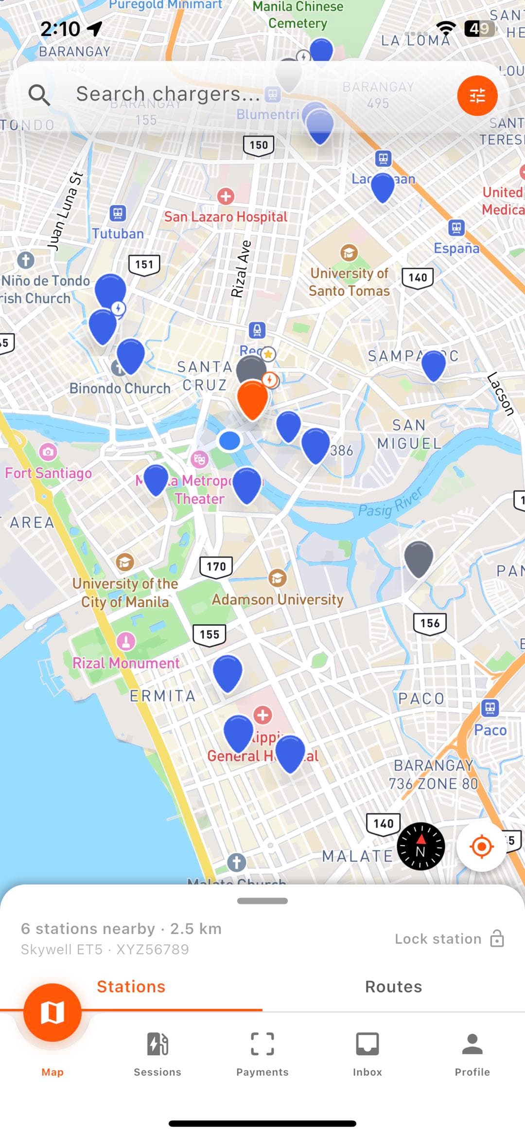 OMI map view showing nearby charging stations across Metro Manila