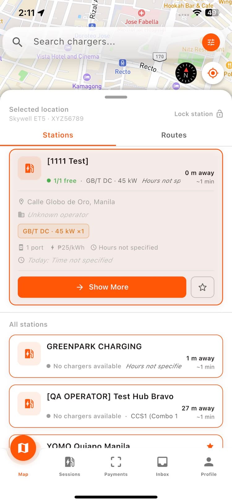 OMI station list showing a charger’s connector, price, and availability