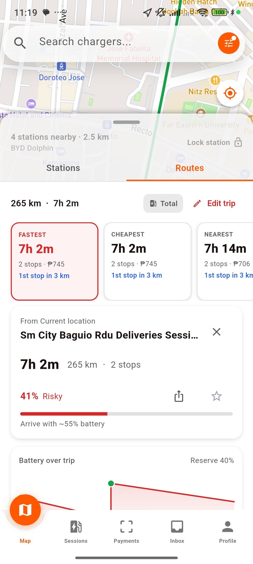 OMI route options comparing Fastest, Cheapest, and Nearest plans with time, cost, and battery on arrival