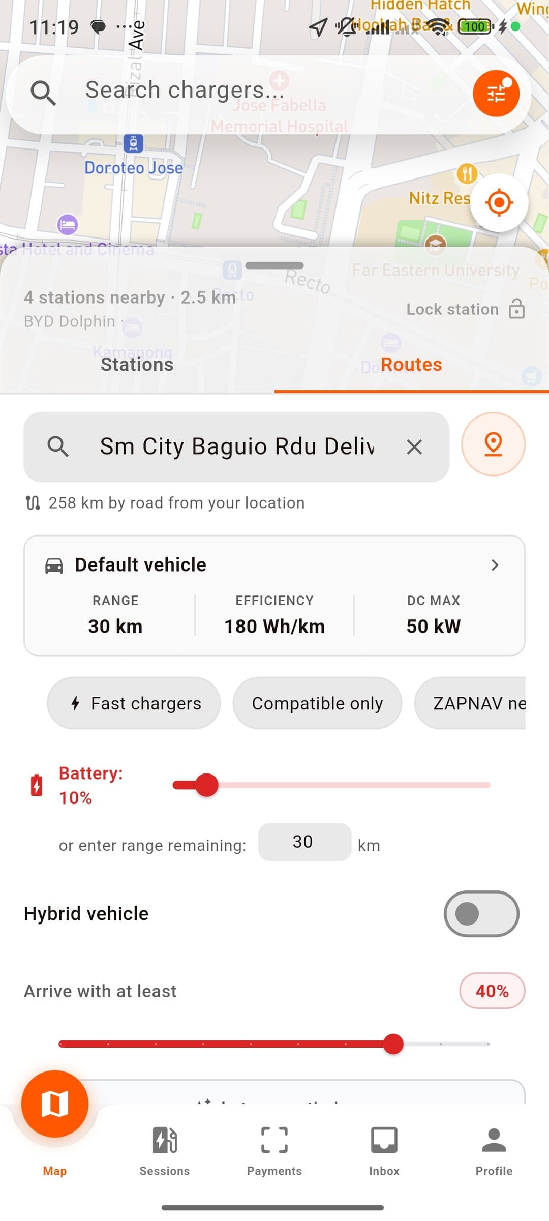 OMI route planner with a destination set, default vehicle, battery level, and reserve target
