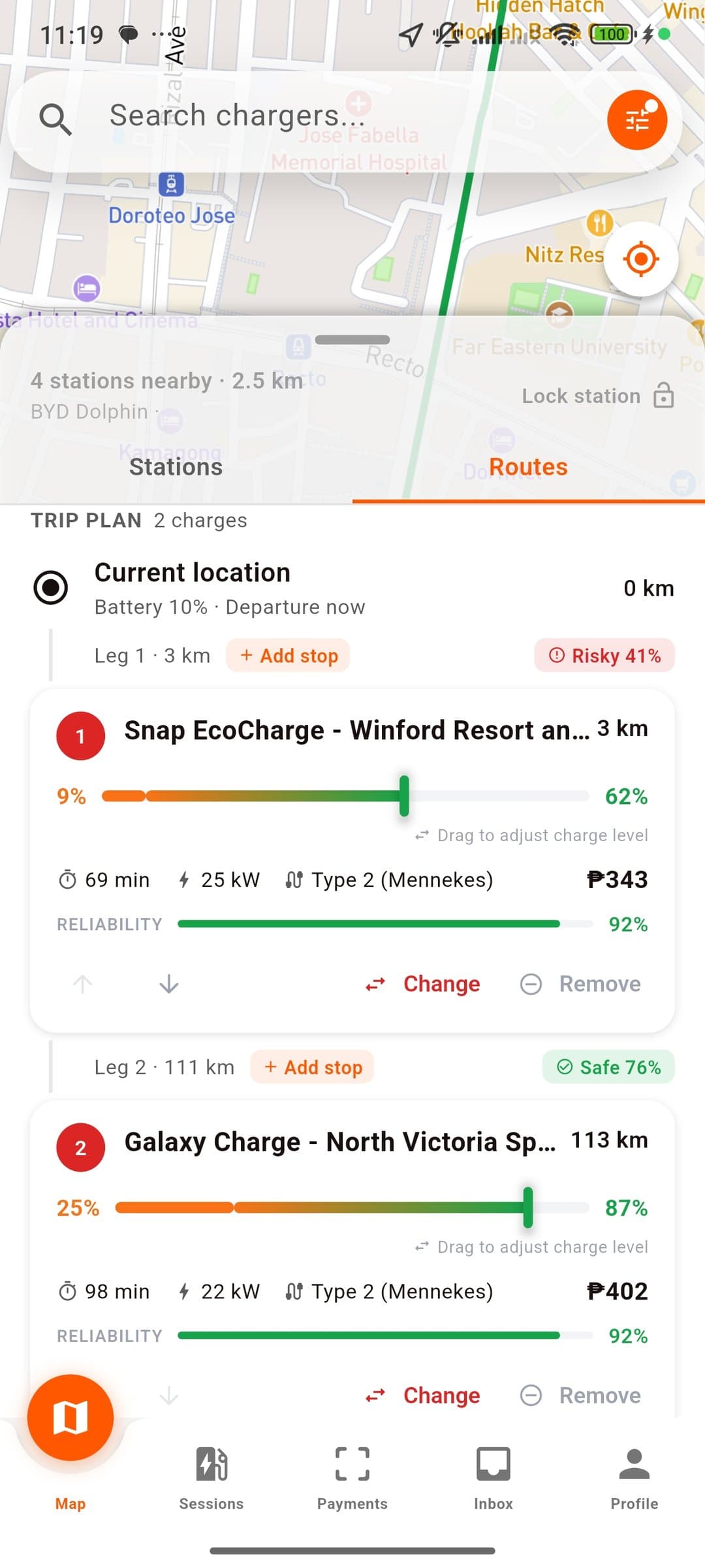 OMI trip plan showing each charging stop with its own battery level, price, and reliability