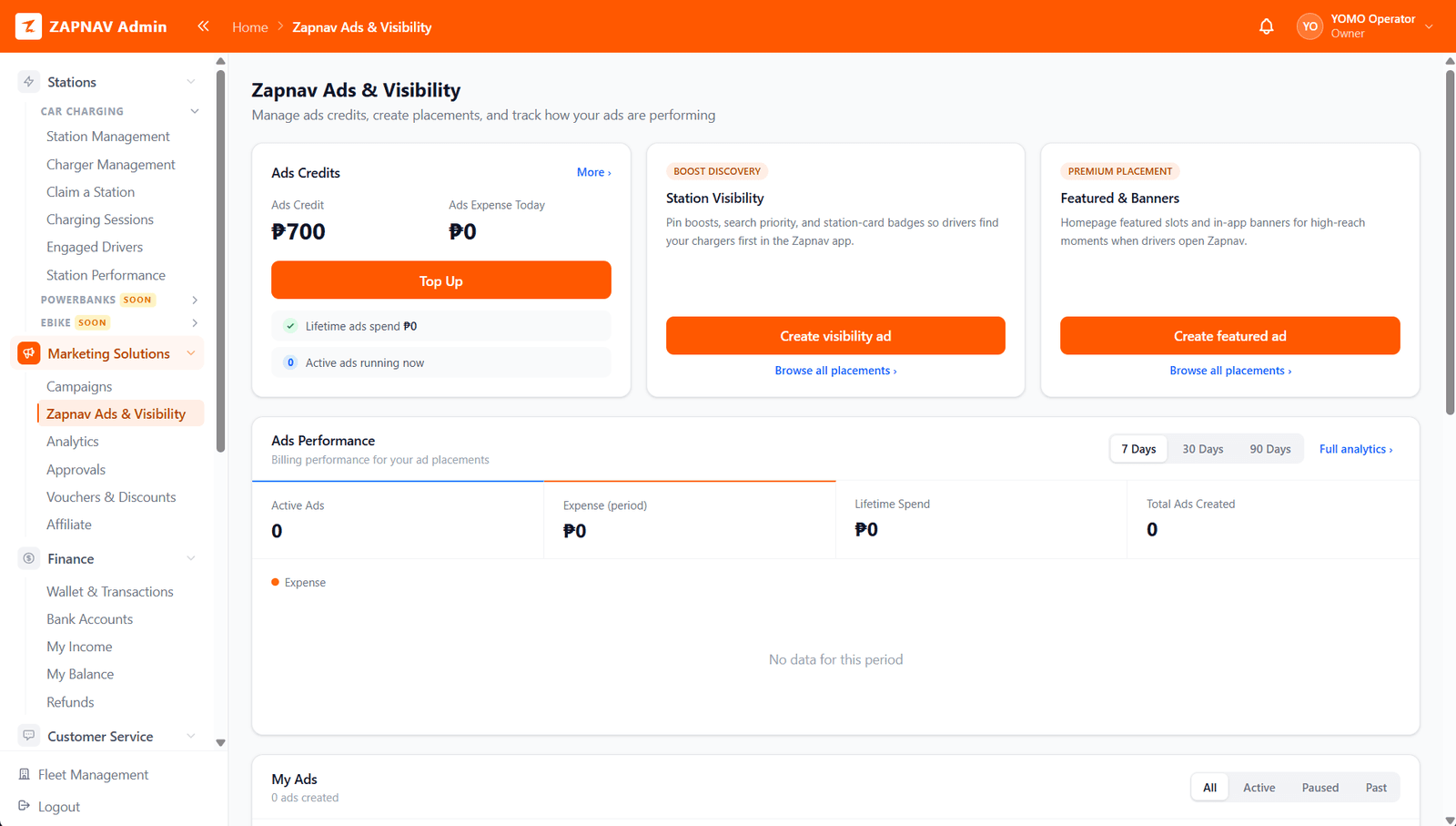 OMI operator portal — OMI Ads & Visibility: ads credits, station-visibility and featured placements, ad performance