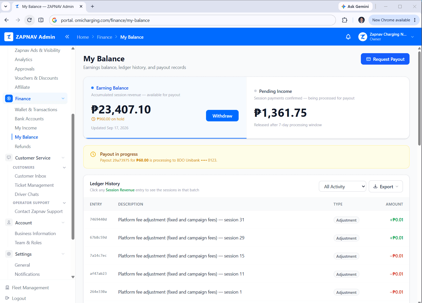 OMI operator portal — My Balance: earnings balance, pending income, payout status, and full ledger history