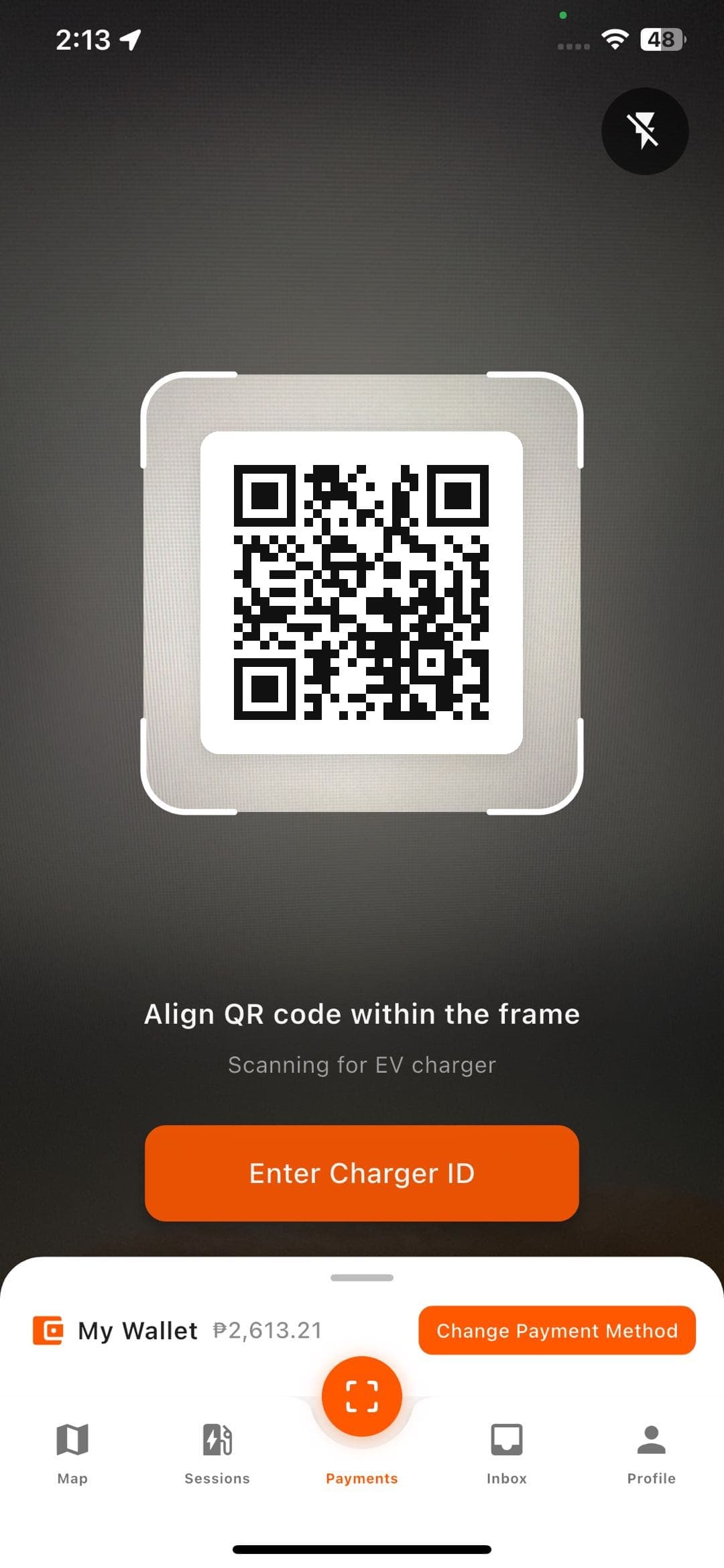 OMI scanning a QR code on an EV charger