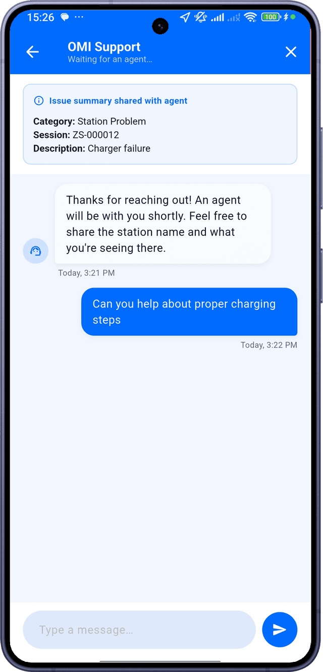 OMI in-app support chat with an agent