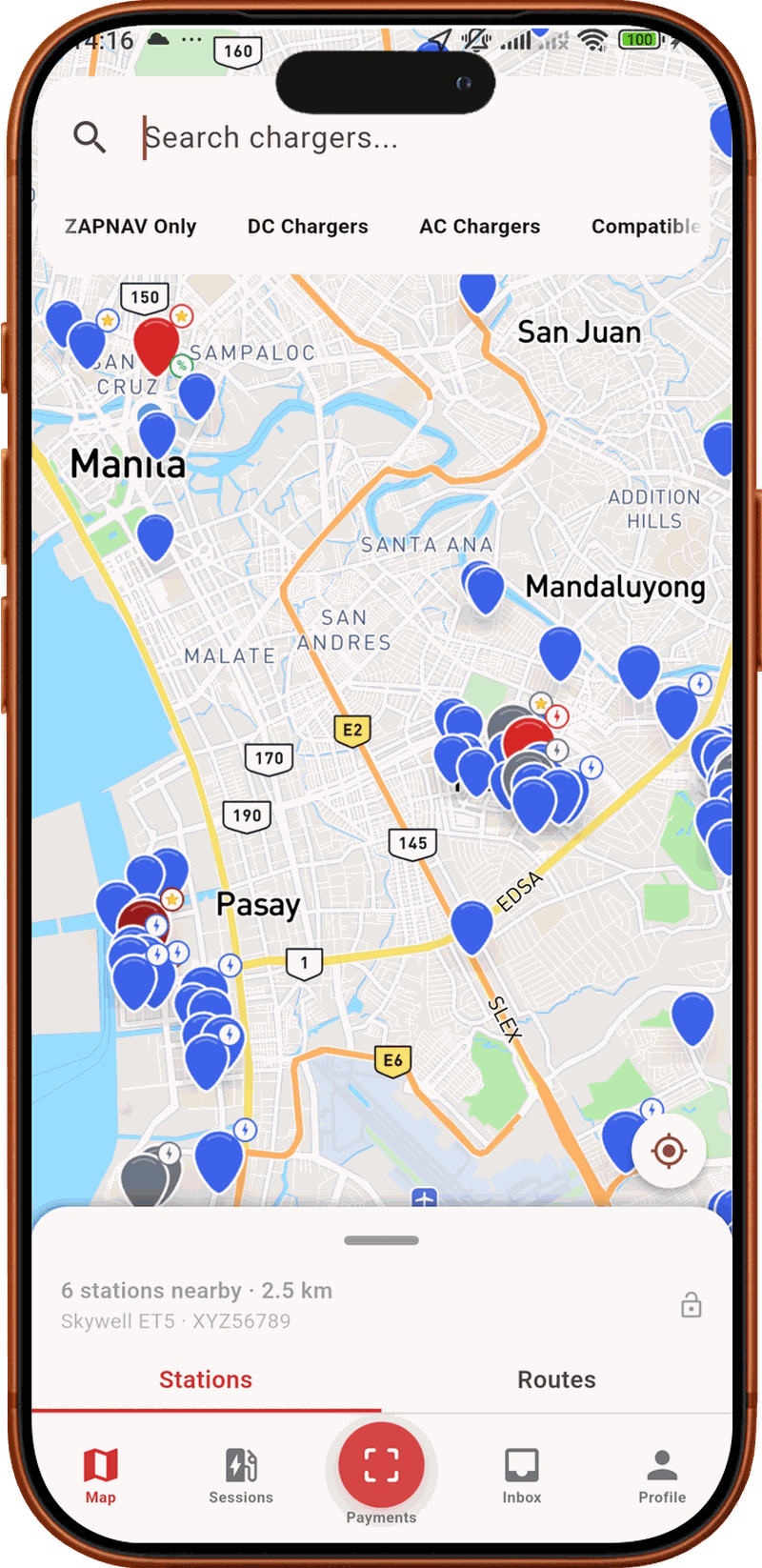 OMI driver app showing nearby charging stations on the map