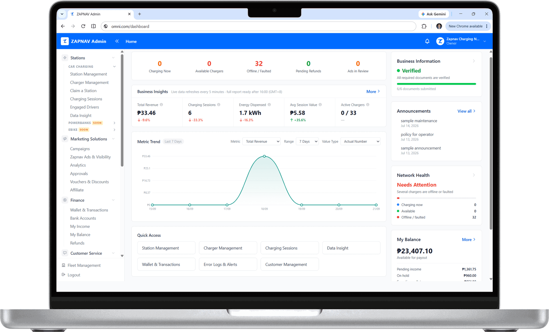 OMI operator portal dashboard