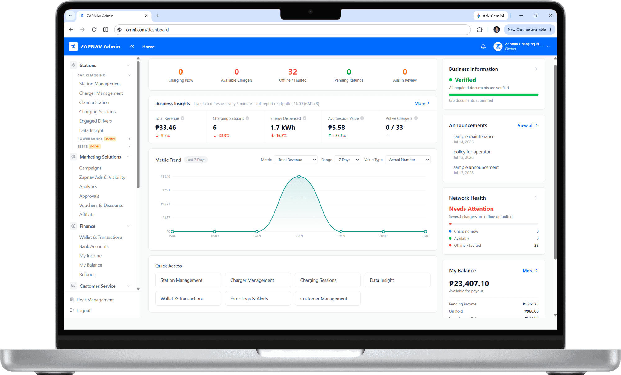 OMI operator portal dashboard