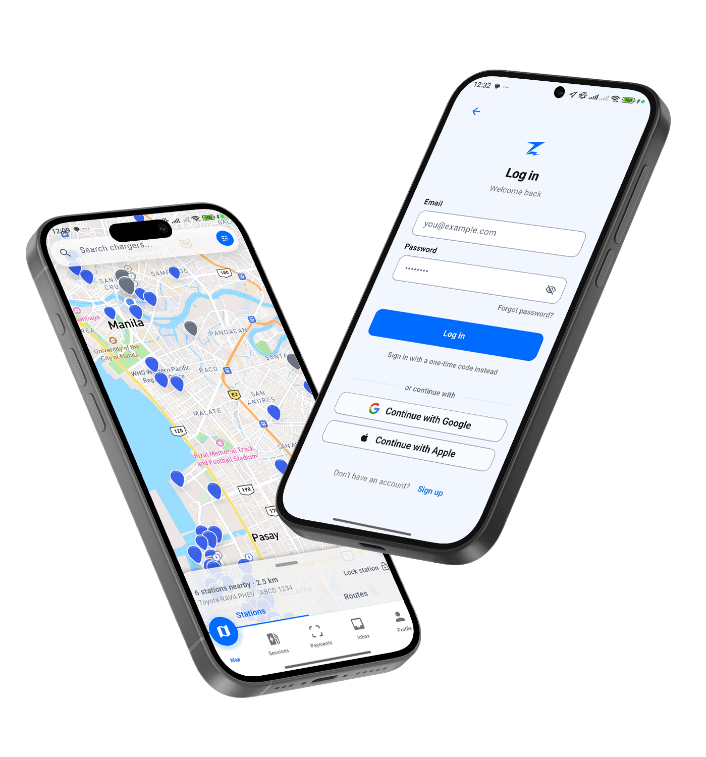 OMI mobile app showing the charging map and login screen